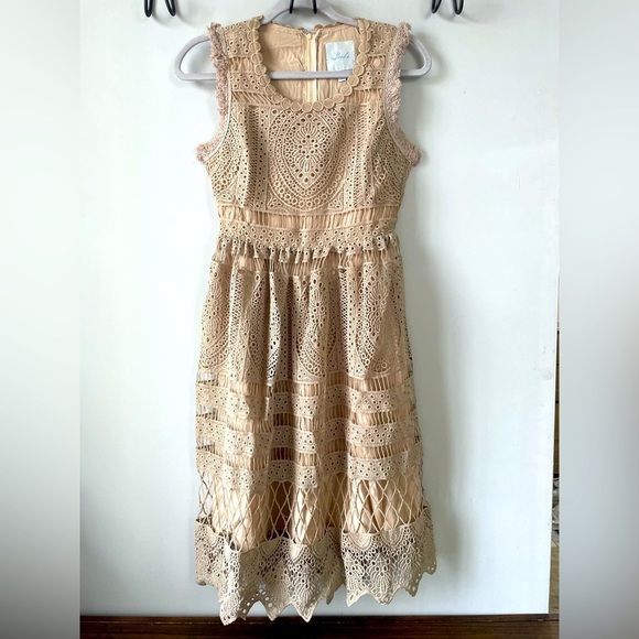 Geode Dresses & Skirts - NEW Geode ModCloth, Small, beige tan crochet over lining fit & flare midi dress